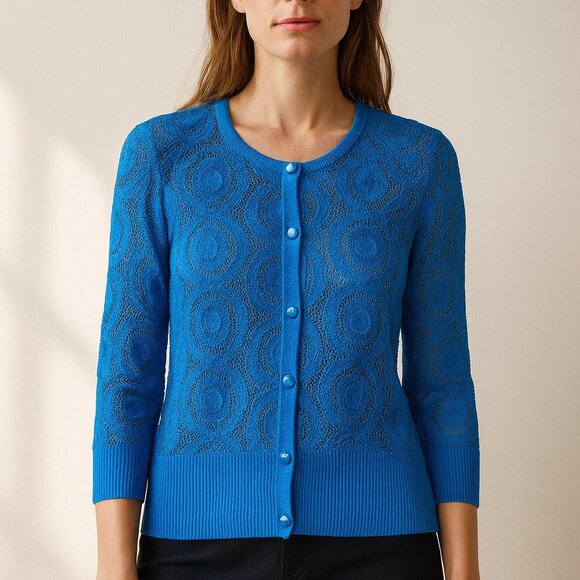 ST JOHN Teal Blue Crochet Lace 3/4 Sleeve Logo Button Front Cardigan SZ Medium - Picture 1 of 11